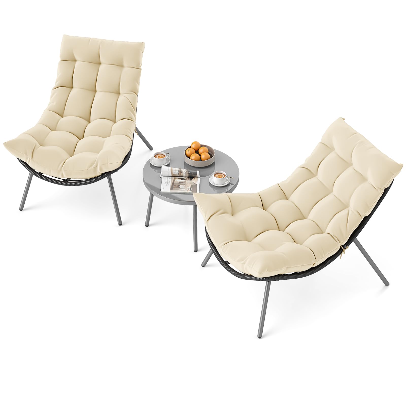Tangkula 3 Pieces Patio Furniture Set with Cushioned Papasan Chairs and Tempered Glass Coffee Table for Porch